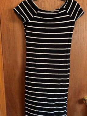 feathers Black and White Striped Midi Dress